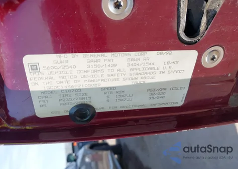 1993 Chevrolet Gmt-400 C1500 из США, поврежденный, VIN 1GCDC14K6PZ105089